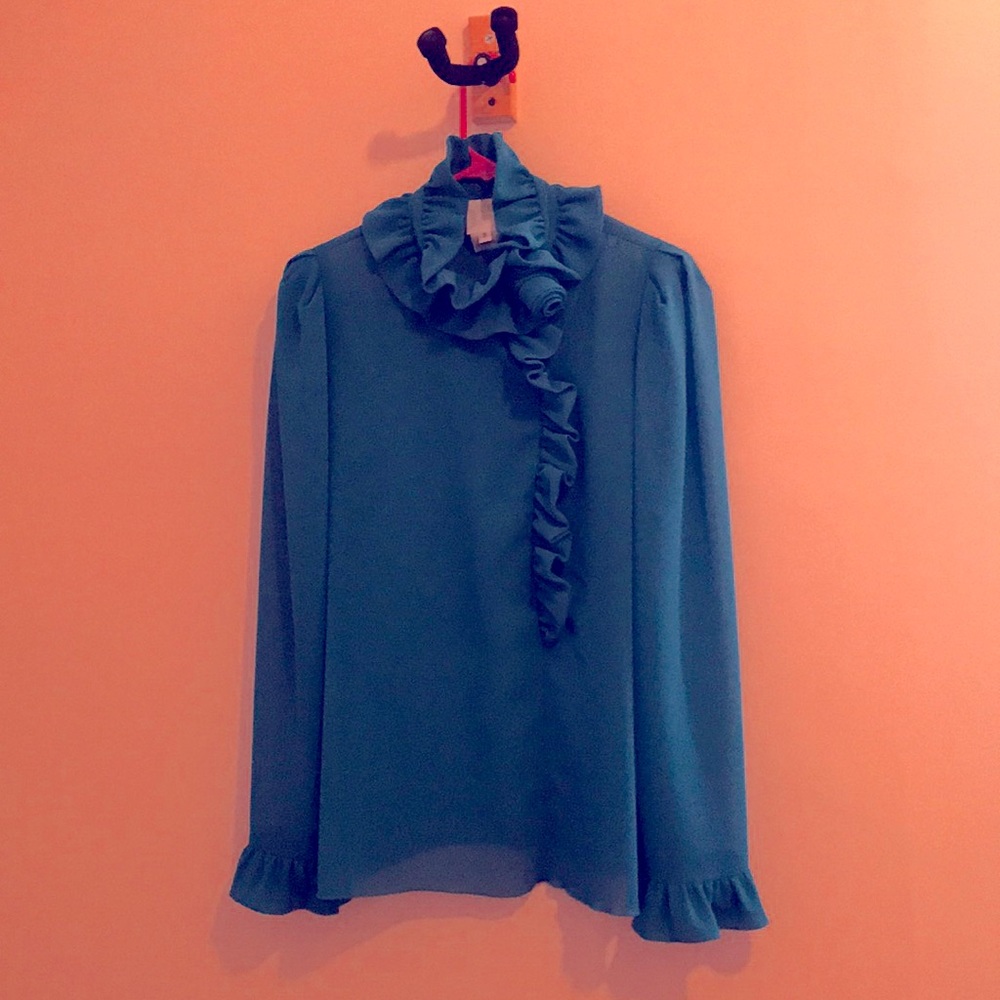 Turquoise Anna Sui blouse with intricate collar with rose detail